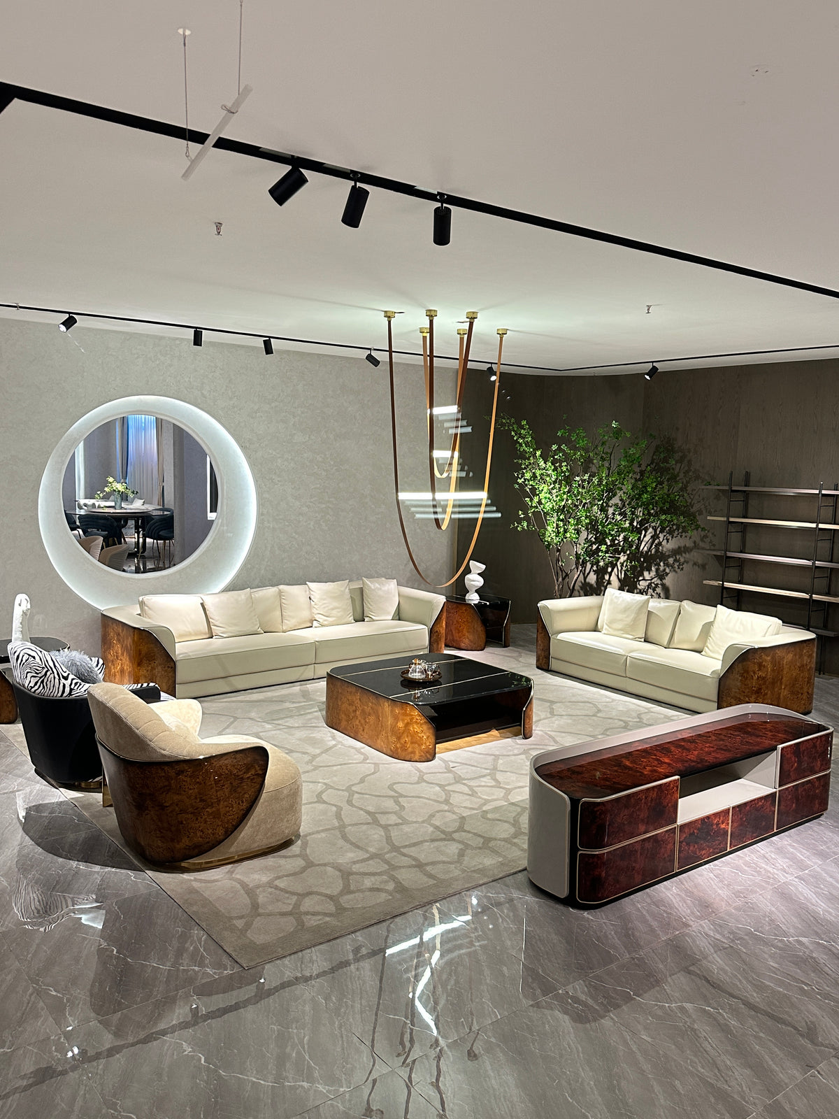 Luxury Cream Leather Sofa with Wooden Accents