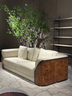 Luxury Cream Leather Sofa with Wooden Accents