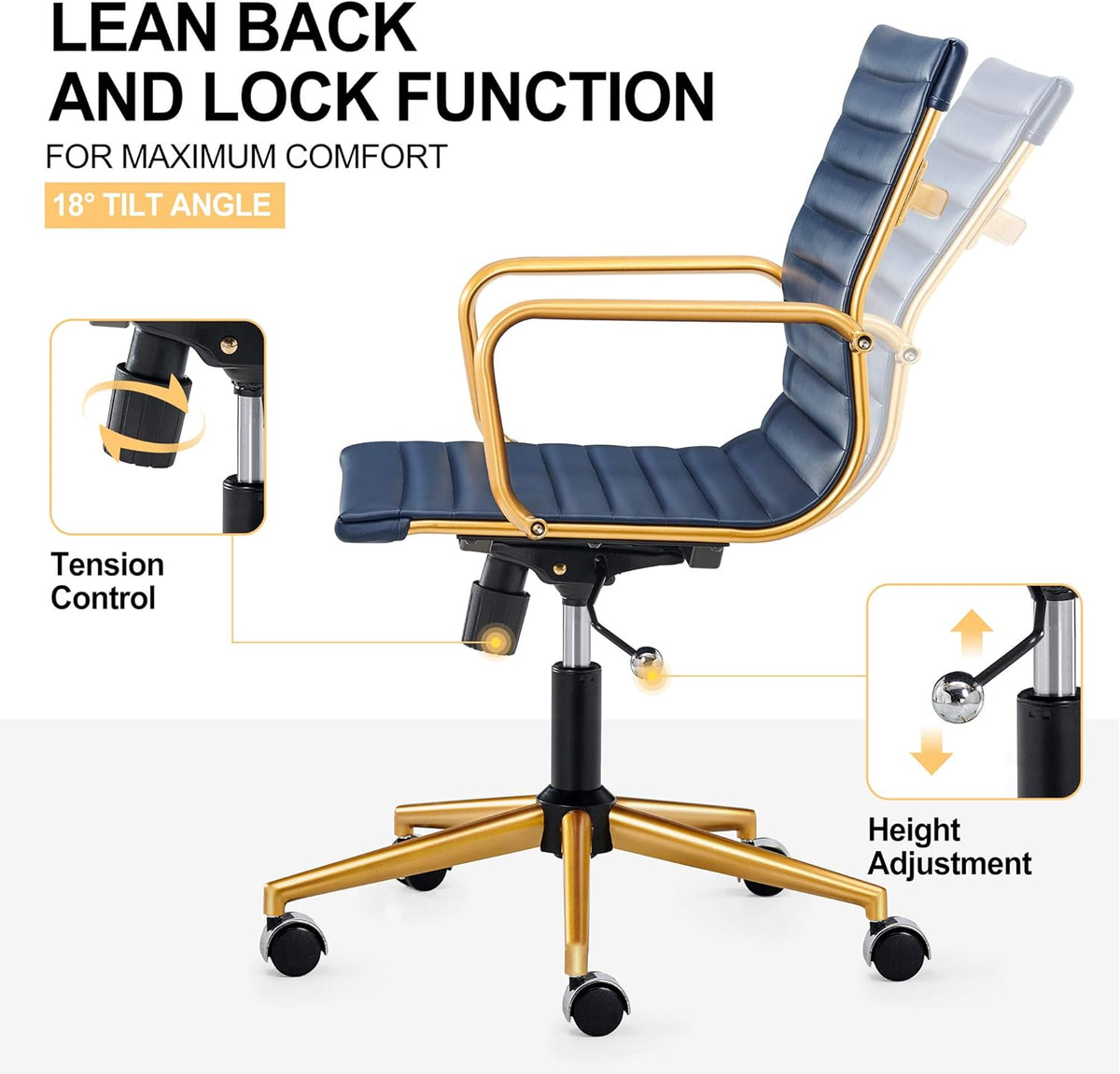 Blue and Gold Ergonomic Desk Chair for Back Support
