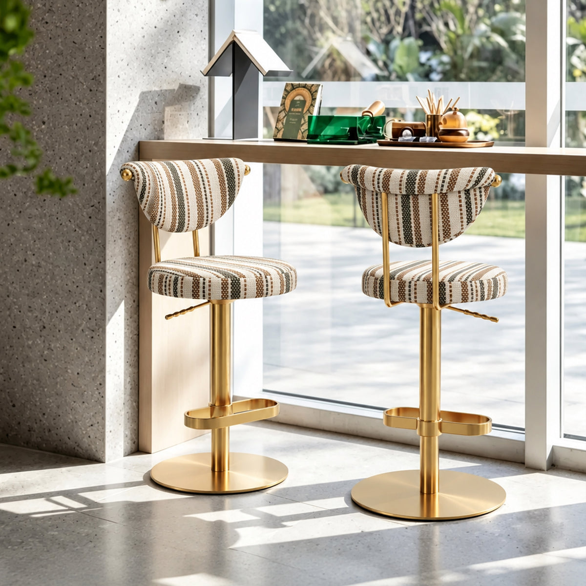 Modern Striped Fabric Bar Stool, Adjustable Swivel Counter Stool with Golden Metal Base & Footrest for Kitchen Island Bar BS-270