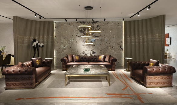Luxury Tufted Sofa with Embroidered Pillows and Patterned Accents