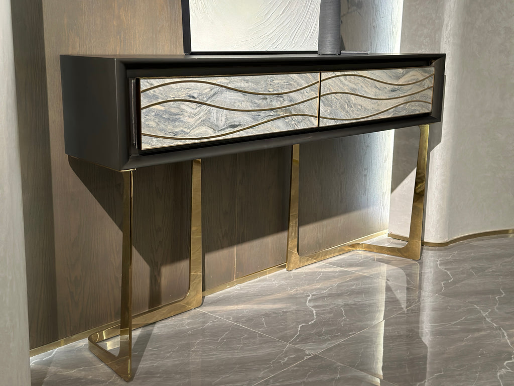 Luxury Wave-Patterned Stone Console Cabinet with Metal Base