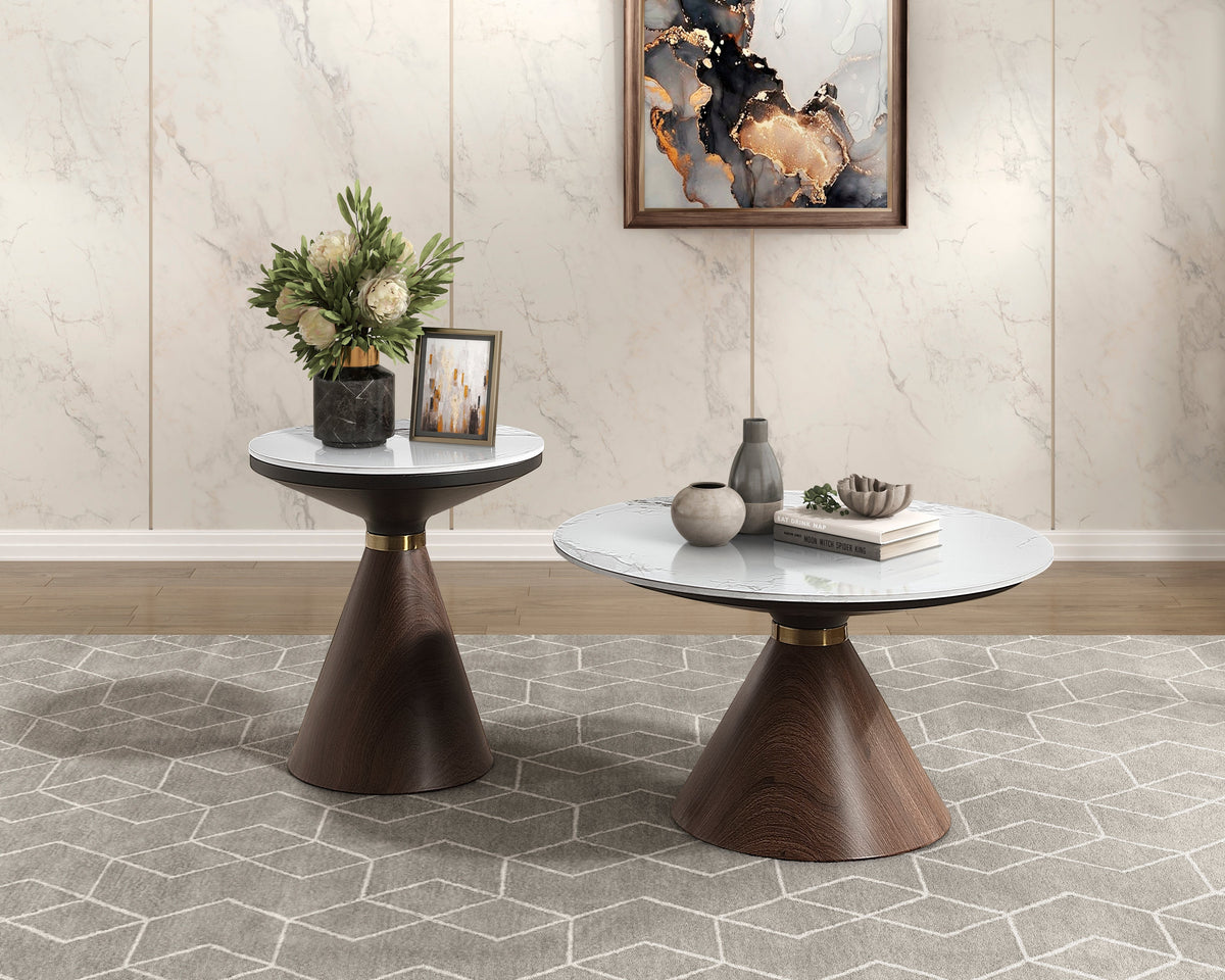 White Sintered Stone Top Decorative Oak Finish Wood with Gold-Tone Metal Band Coffee Table