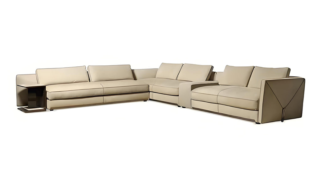 Luxury Cream Leather Sofa with Decorative Pillows and Gold Accents