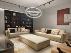 Luxury Cream Leather Sofa with Decorative Pillows and Gold Accents