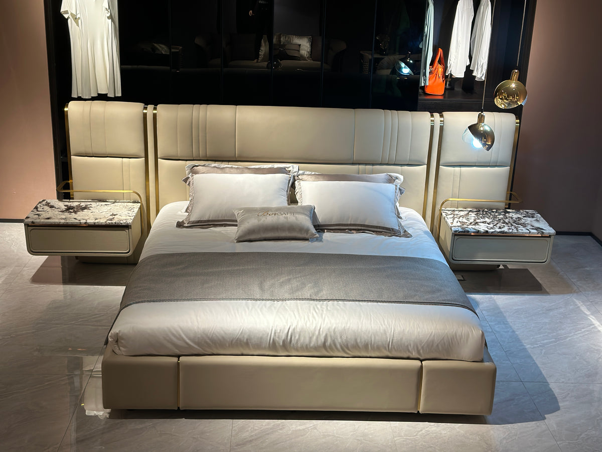 Luxury Upholstered Bed with Integrated Nightstand & Gold Accents
