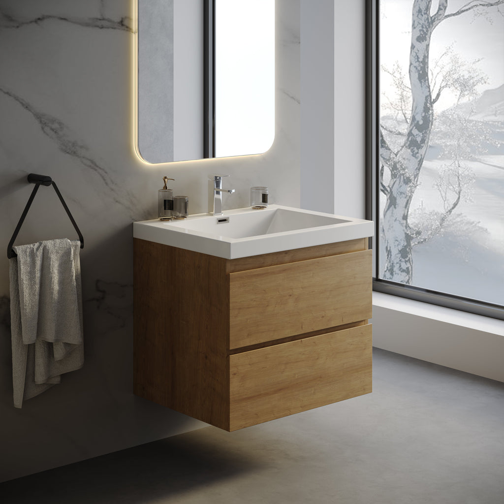 Wall-Mounted Bath Vanity in Old Wood with White Resin Vanity Top