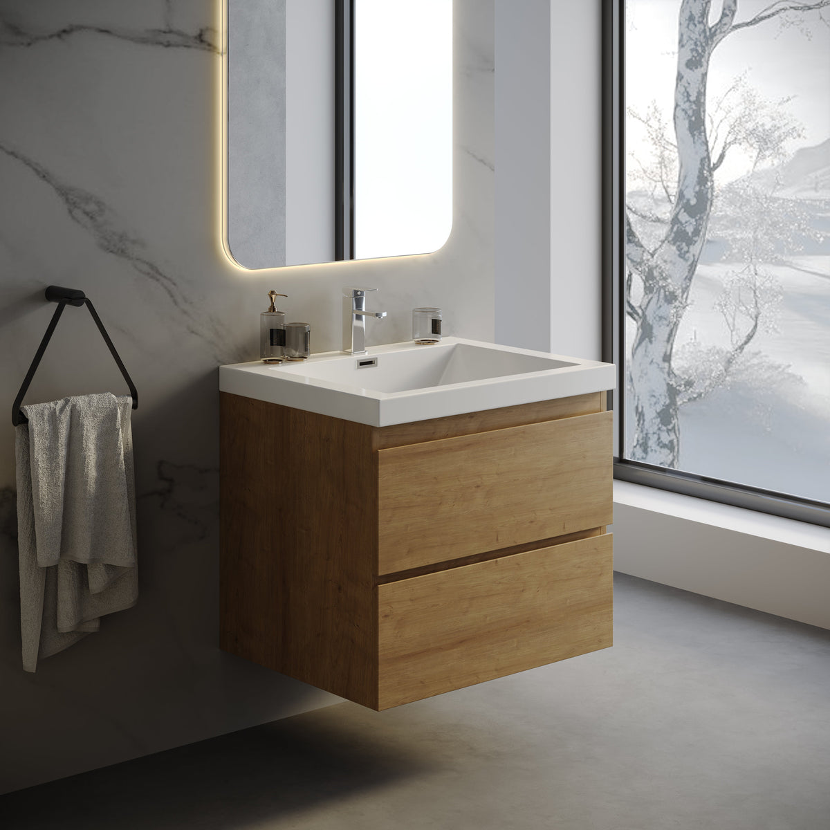 Wall-Mounted Bath Vanity in Old Wood with White Resin Vanity Top