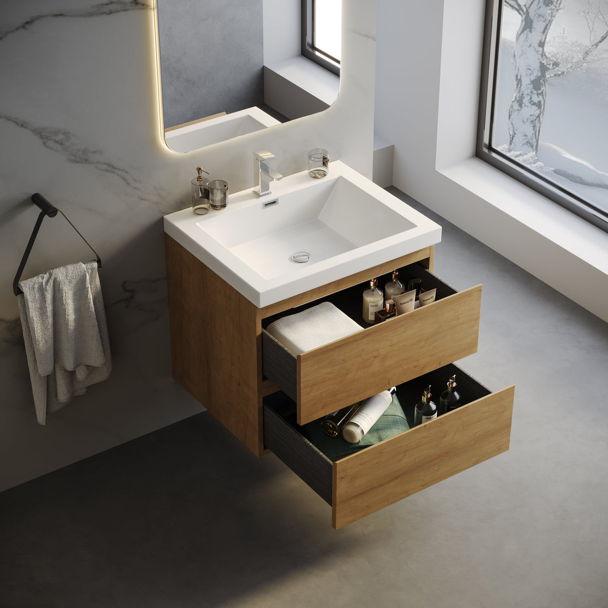 Wall-Mounted Bath Vanity in Old Wood with White Resin Vanity Top