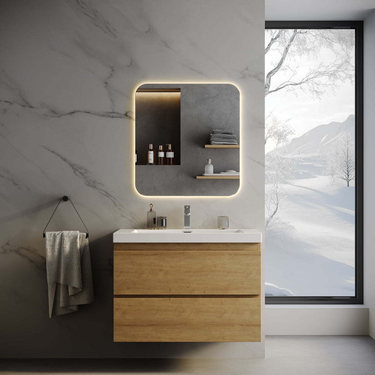 Wall-Mounted Bath Vanity in Old Wood with White Resin Vanity Top