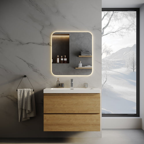 Wall-Mounted Bath Vanity in Old Wood with White Resin Vanity Top