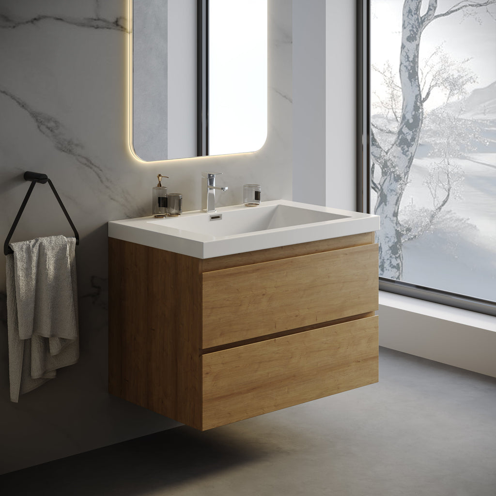 Wall-Mounted Bath Vanity in Old Wood with White Resin Vanity Top