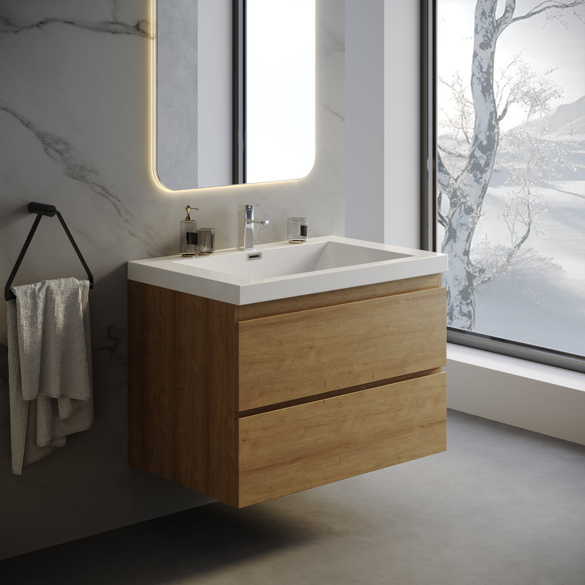 Wall-Mounted Bath Vanity in Old Wood with White Resin Vanity Top