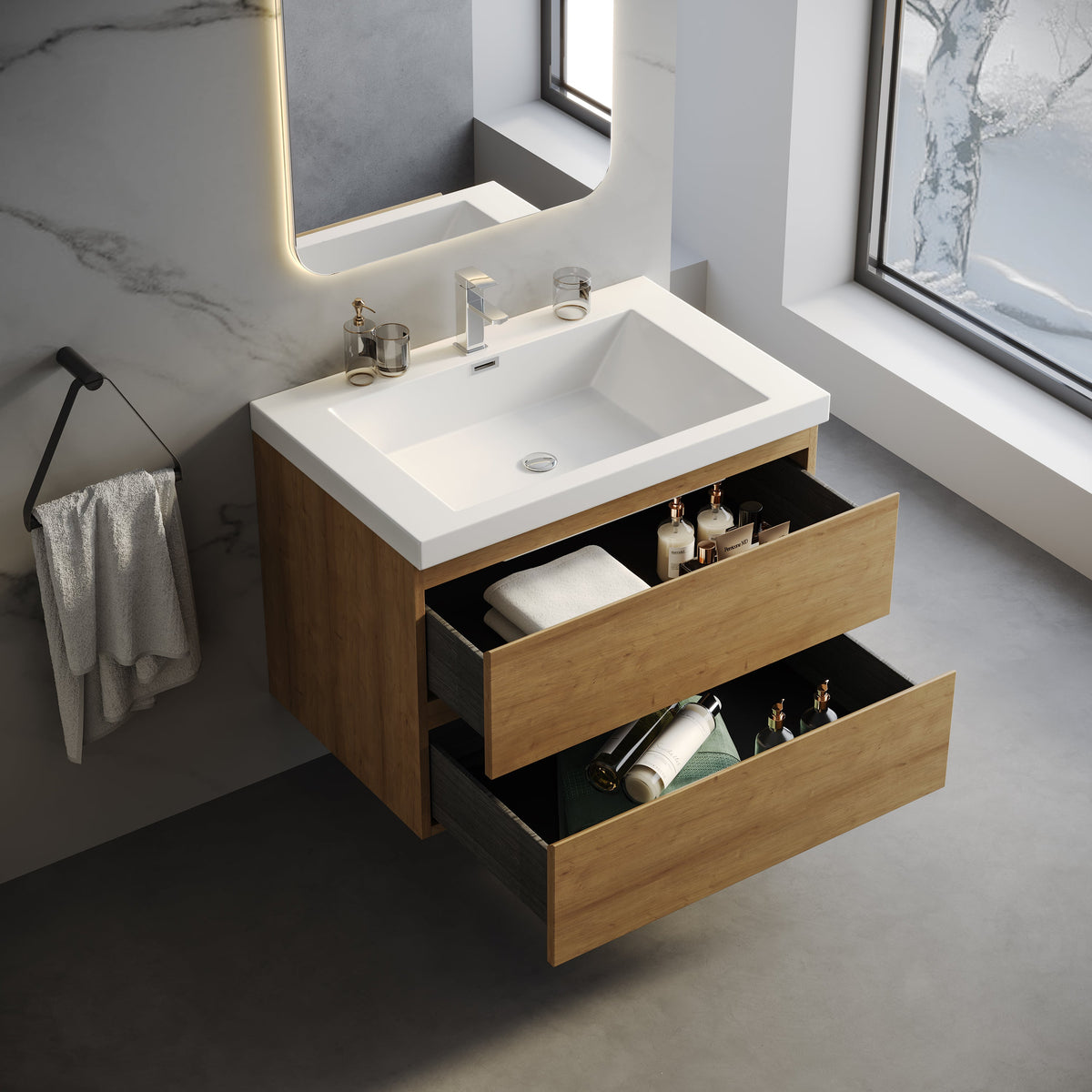 Wall-Mounted Bath Vanity in Old Wood with White Resin Vanity Top
