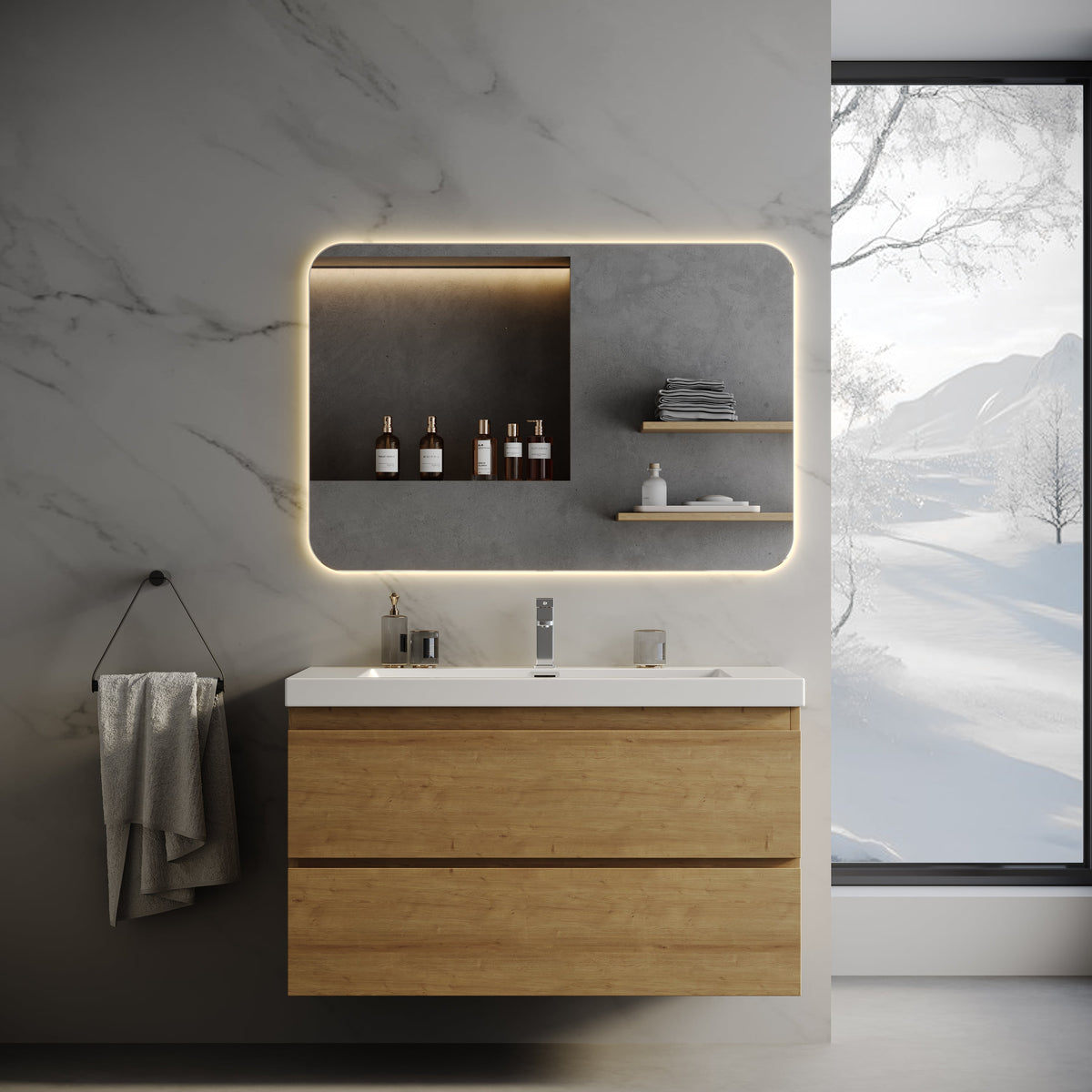 Wall-Mounted Bath Vanity in Old Wood with White Resin Vanity Top