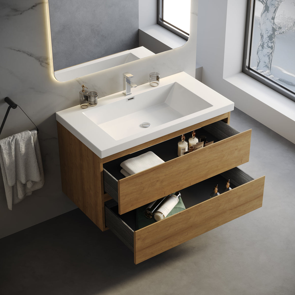 Wall-Mounted Bath Vanity in Old Wood with White Resin Vanity Top