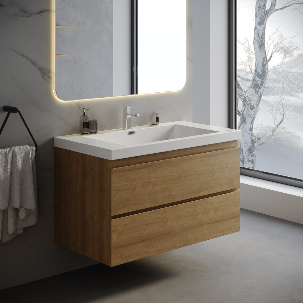 Wall-Mounted Bath Vanity in Old Wood with White Resin Vanity Top