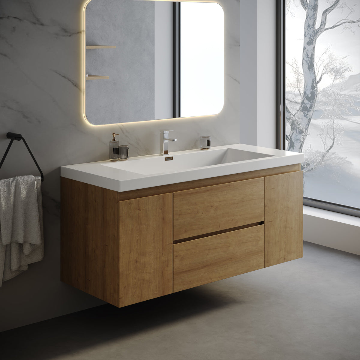 Wall-Mounted Bath Vanity in Old Wood with White Resin Vanity Top