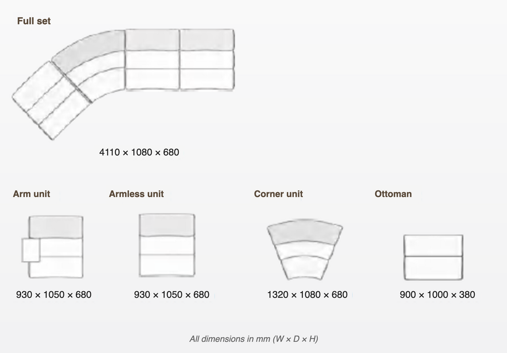 MJ-S62 curved sectional sofa dimensions
