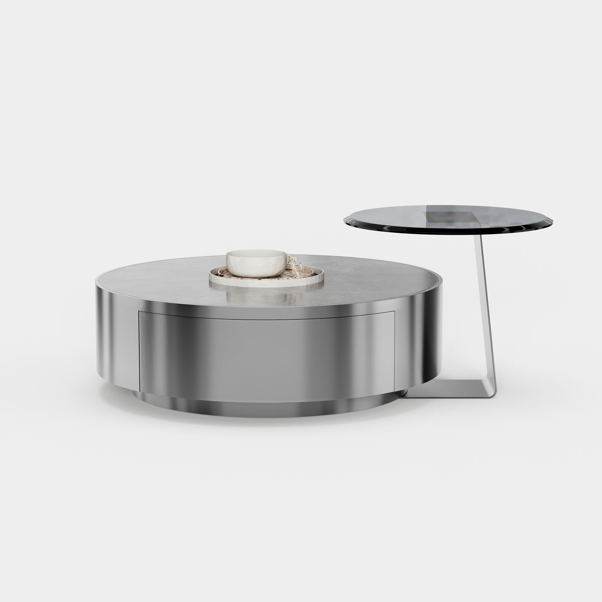 Creative Gear Shape Metal Coffee Table Set, Round Nesting Center Table with Side Table A029