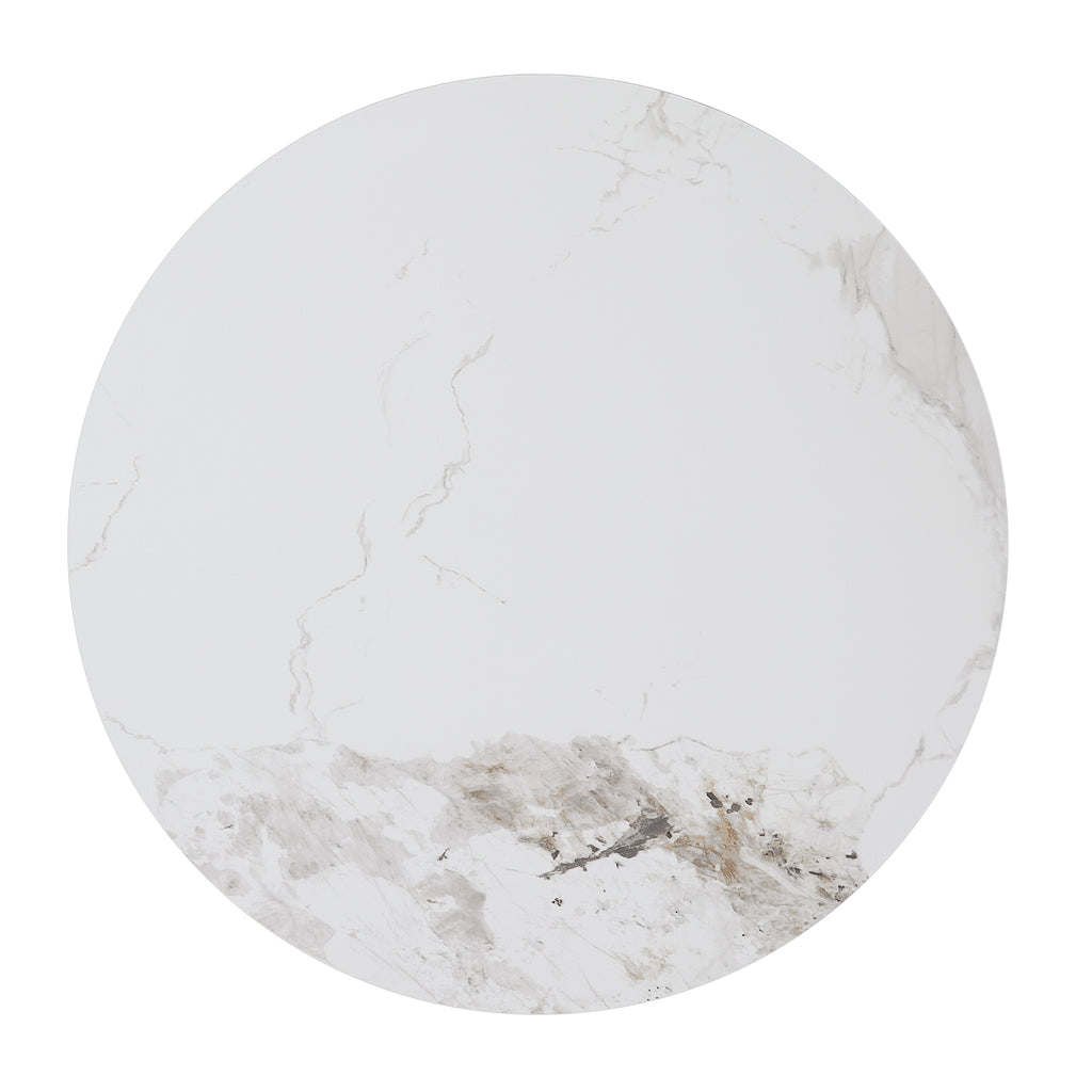 White Sintered Stone Top Decorative Oak Finish Wood with Gold-Tone Metal Band Coffee Table