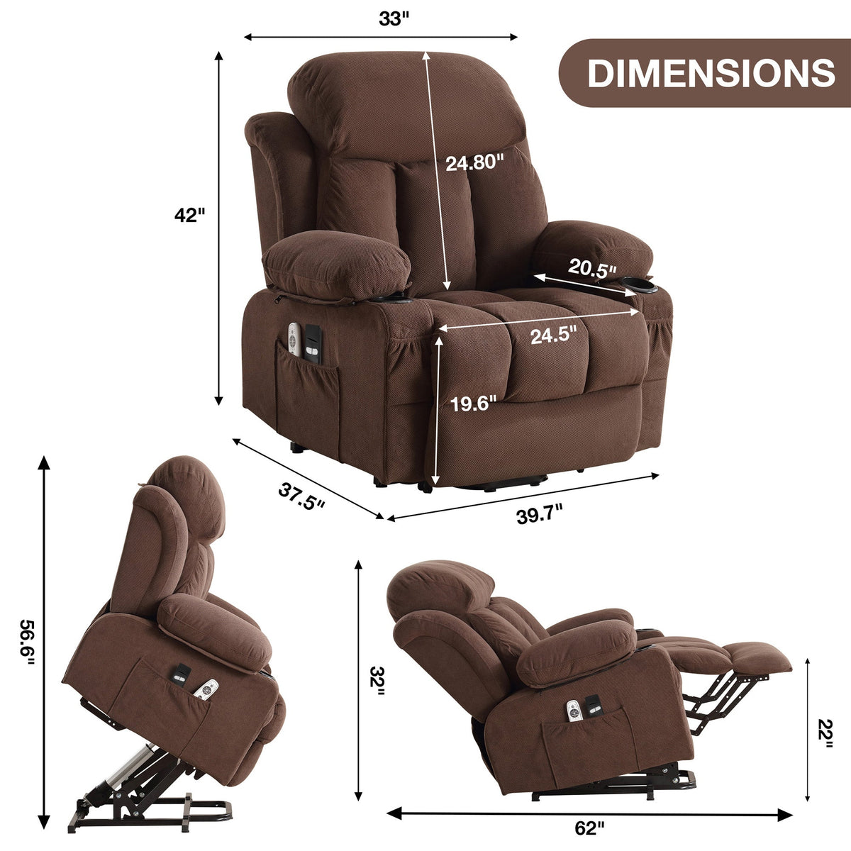 Power Lift Recliner Chair with Heat and Massage Electric Fabric Recliner Chair for Elderly with Side Pocket, USB Charge Port, Remote Control for Living Room (BROWN)