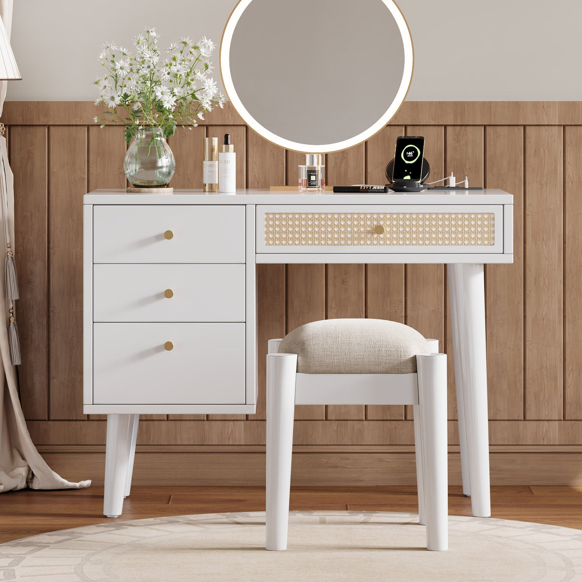 39" Retro Bohemian Style Wooden Makeup Vanity Set with Charging Plug&USB Port and Stool