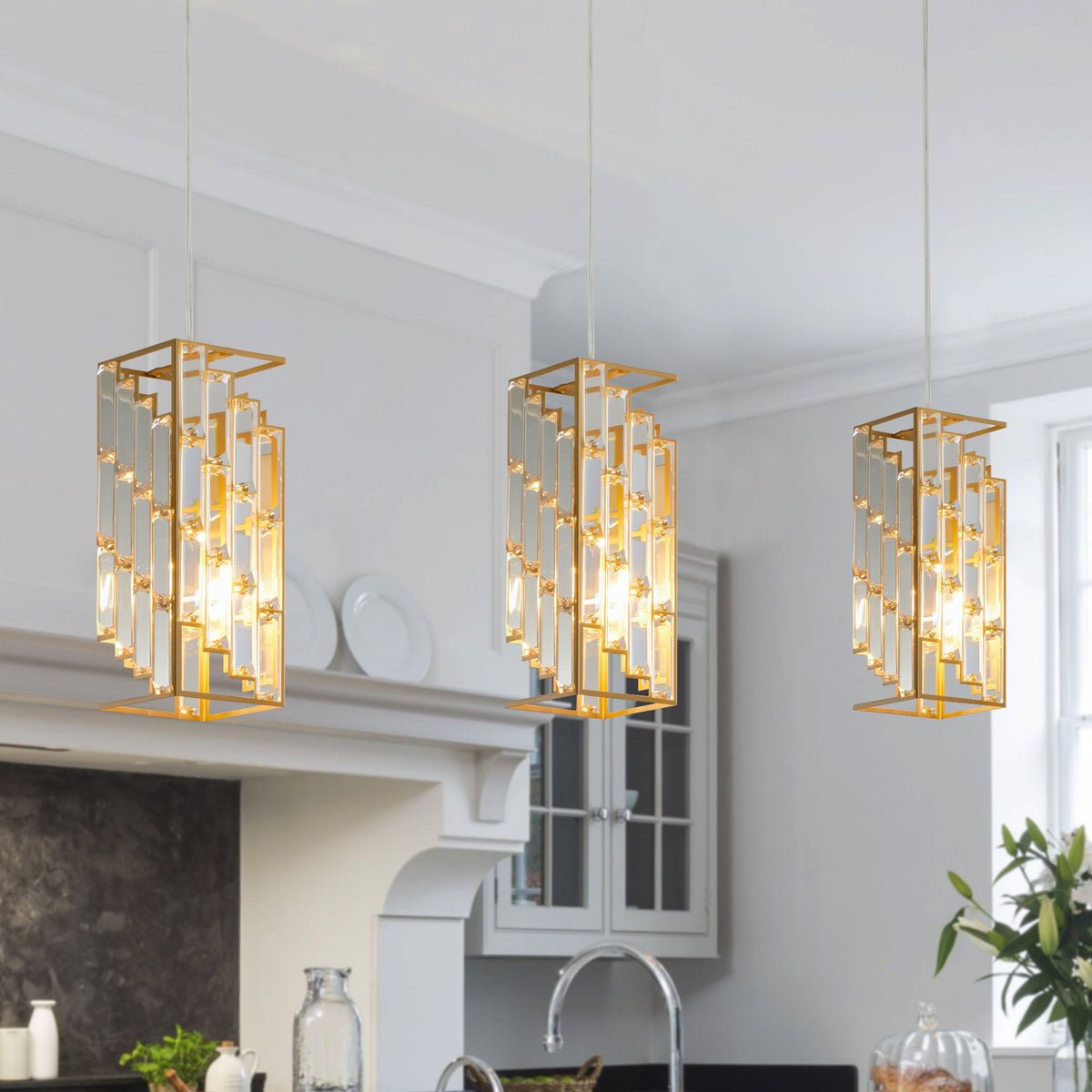 Adjustable Hanging Ceiling Lamp with Crystal Prism Design for Dining Room-3 Pack