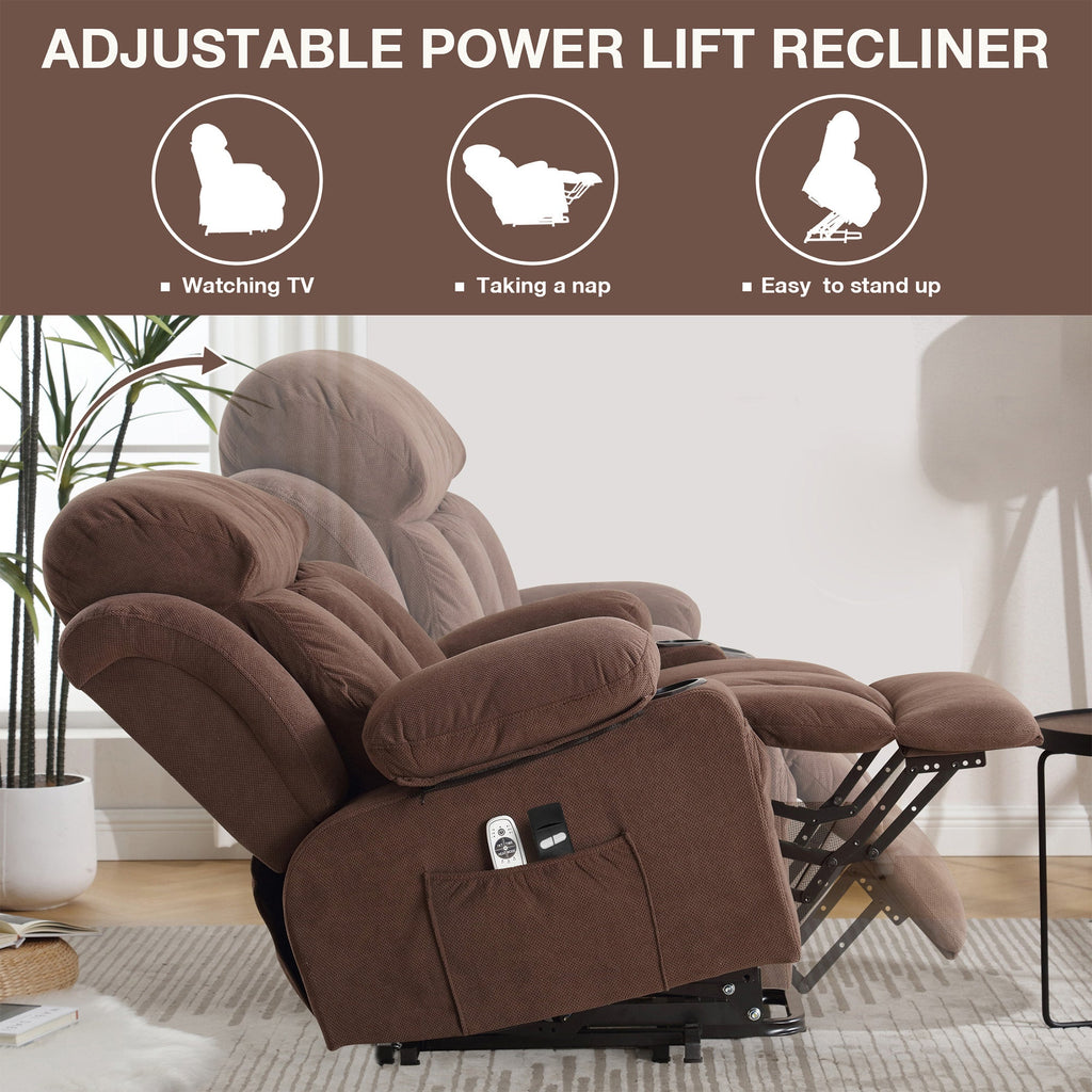 Power Lift Recliner Chair with Heat and Massage Electric Fabric Recliner Chair for Elderly with Side Pocket, USB Charge Port, Remote Control for Living Room (BROWN)